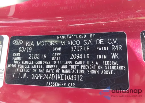 2019 Kia Forte Lxs z USA, uszkodzony, nr VIN 3KPF24AD1KE108912